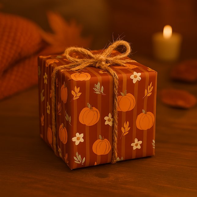 Cute Pumpkin & Leaves Seamless Autumn Stripe Wrapping Paper (Creator Uploaded)