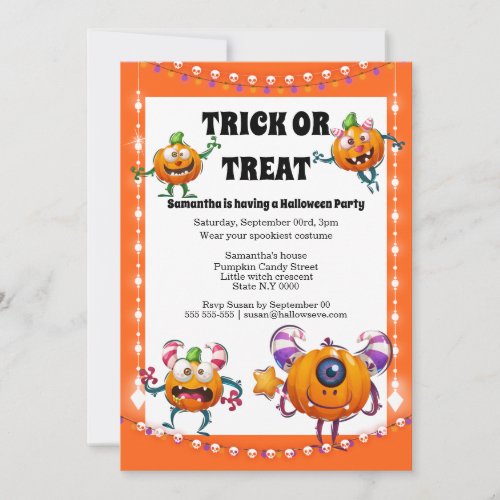 Cute pumpkin monsters kids halloween costume party invitation