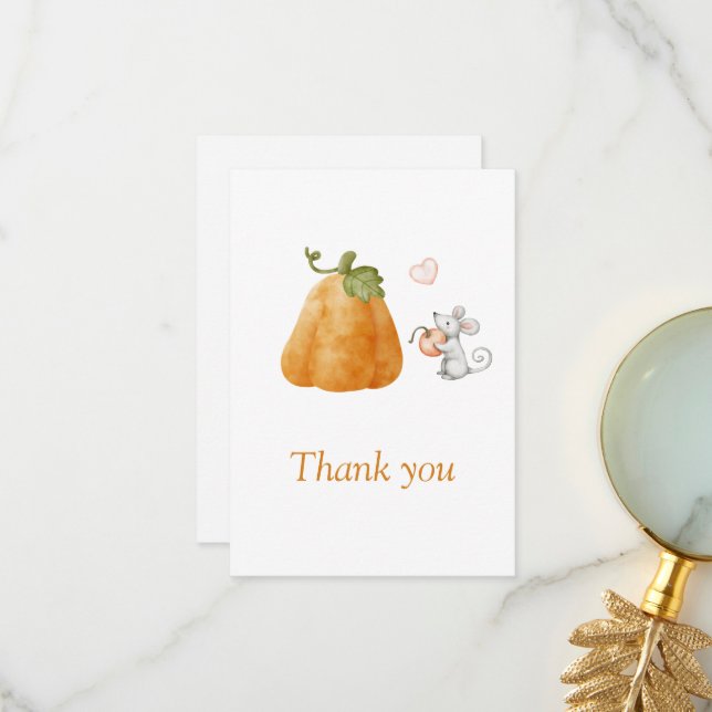 Cute Pumpkin Mouse Fall Baby Shower Thank You Card (Front/Back In Situ)