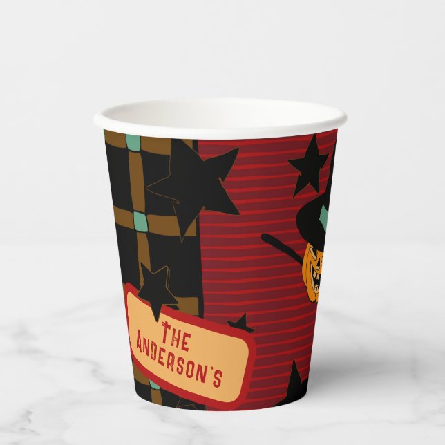 Cute Pumpkin Orange Retro Jack-o’-Lantern Witch  Paper Cups (Front)