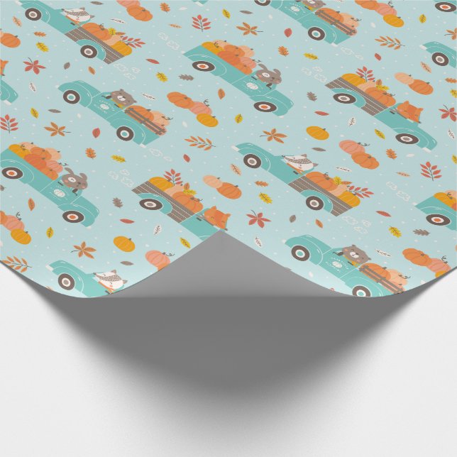 Cute Pumpkin Patch Trucks with Animals light blue Wrapping Paper (Corner)