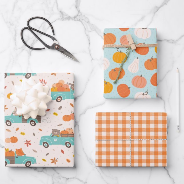Cute Pumpkin Patch Trucks with Animals Wrapping Paper Sheets (Front)