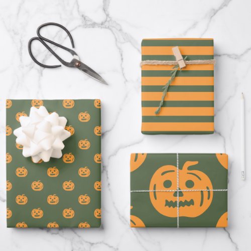Cute Pumpkin Pattern and Stripes Mixed Halloween Wrapping Paper Sheets