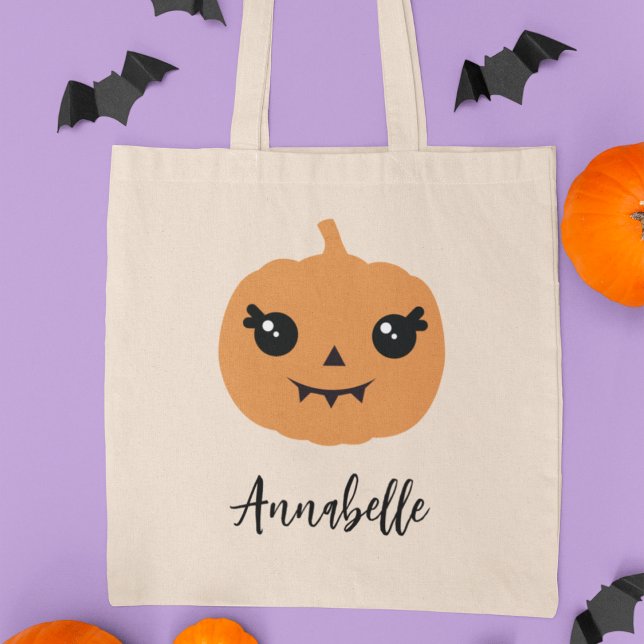 Cute Pumpkin Personalized Halloween Trick or Treat Tote Bag (Creator Uploaded)