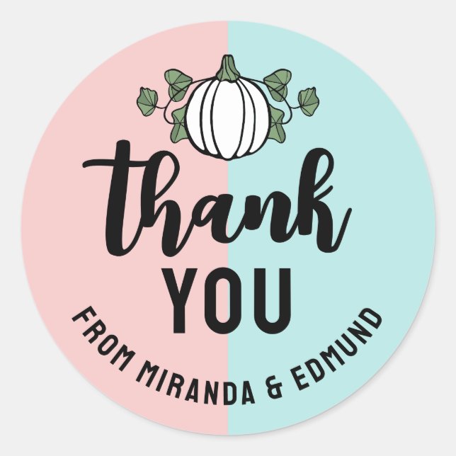 Cute Pumpkin Pink Blue Gender Reveal Thank You Classic Round Sticker (Front)