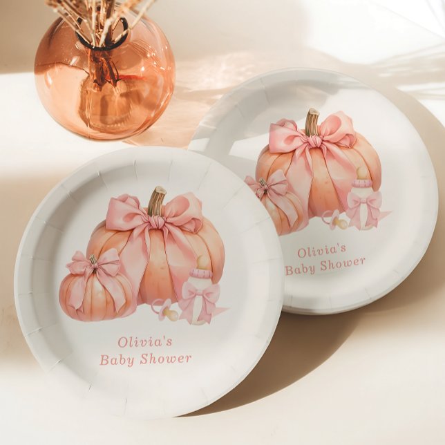 Cute Pumpkin Pink Bow Baby Shower Paper Plates (Creator Uploaded)