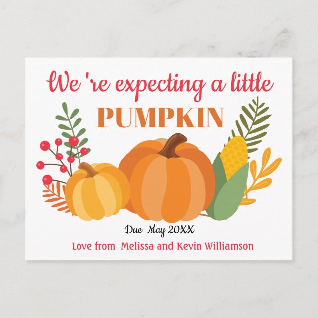 Cute Pumpkin Pregnancy Announcement Postcard (Front)