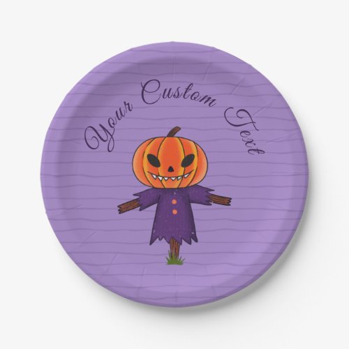 Cute Pumpkin Scarecrow Purple Striped Halloween Paper Plates