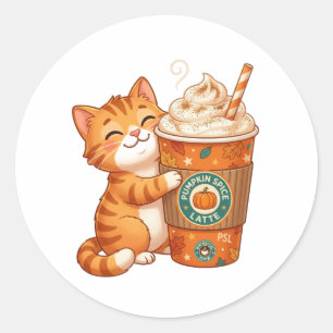 Cute Pumpkin Spice Latte Cat Cozy Autumn Halloween Classic Round Sticker