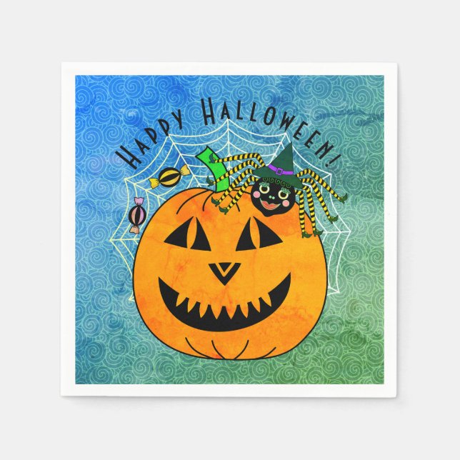 Cute Pumpkin Spider Witch Halloween Party Napkins (Front)