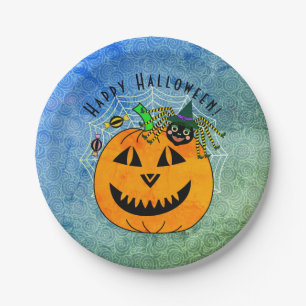 Cute Pumpkin Spider Witch Halloween Party Paper Plates