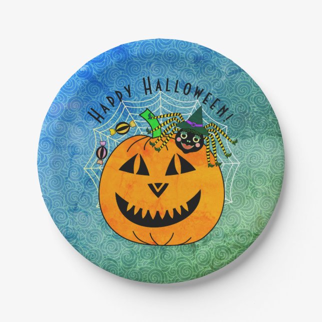Cute Pumpkin Spider Witch Halloween Party Paper Plates (Front)