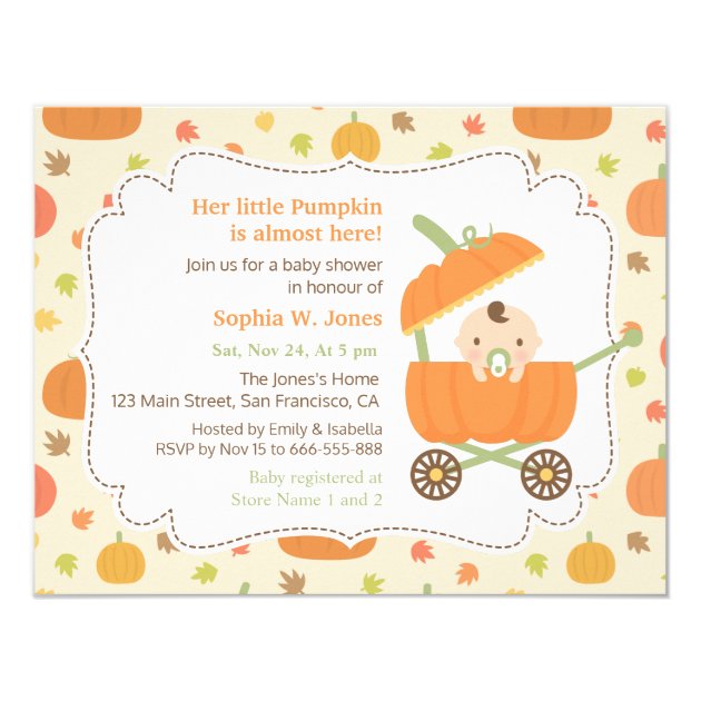 Cute Pumpkin Stroller Fall Baby Shower Invitations