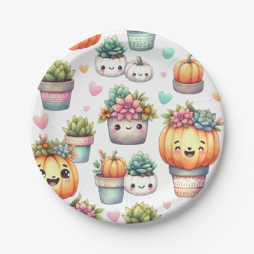 Cute Pumpkin Succulent Planter Pattern Paper Plates