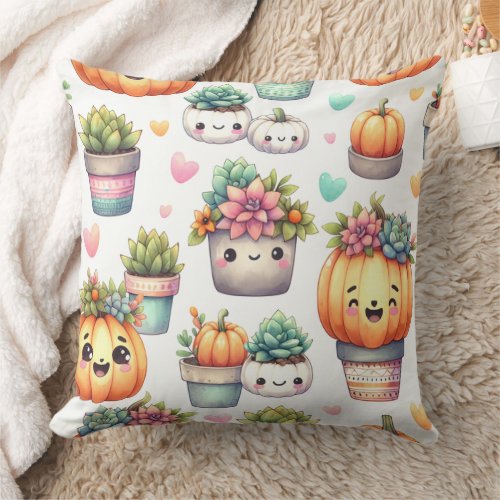 Cute Pumpkin Succulent Planter Pattern Throw Pillow