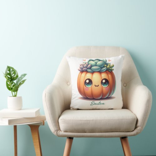 Cute Pumpkin Succulent Planter Throw Pillow