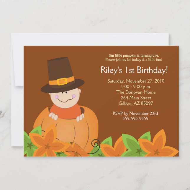Cute Pumpkin Thanksgiving 5x7 Birthday Invitation (Front)