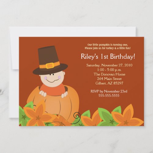 Cute Pumpkin Thanksgiving 5x7 Birthday Invitation