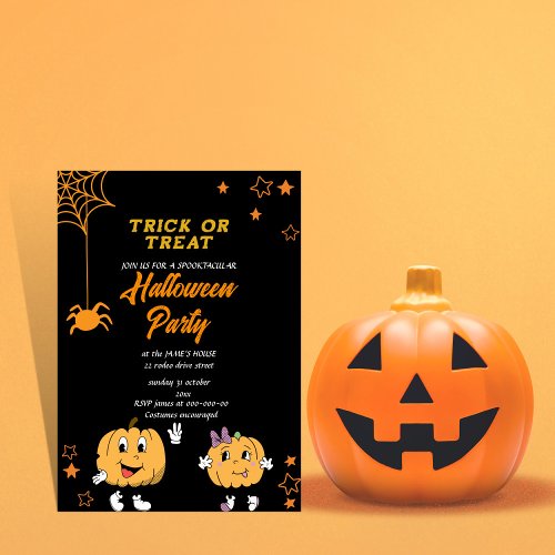 cute pumpkin trick or treat halloween party time  invitation