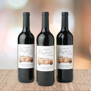 Cute Pumpkin Truck Watercolor Baby Shower Wine Label