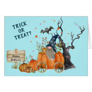 Cute Pumpkin Wagon Gnome Halloween Trick or Treat Cards