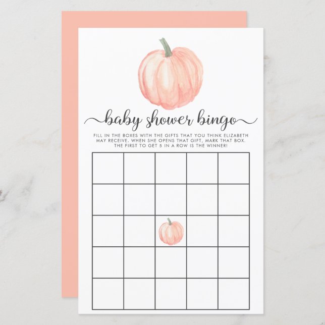 Cute Pumpkin Watercolor Baby Shower Bingo Game (Front/Back)