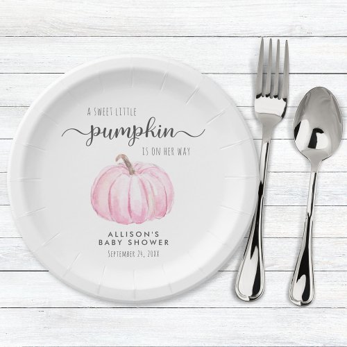 Cute Pumpkin Watercolor Girl Baby Shower Paper Plates