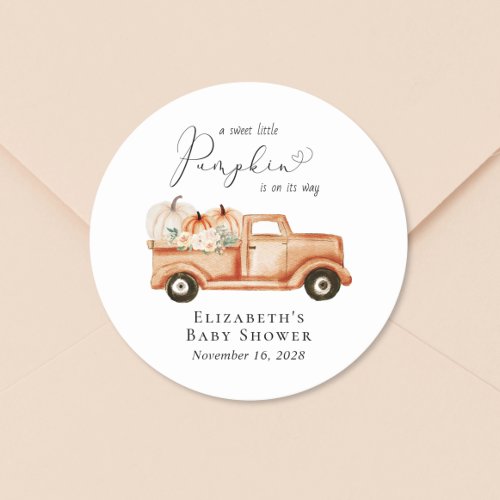 Cute Pumpkin Watercolor Truck Baby Shower Classic Round Sticker