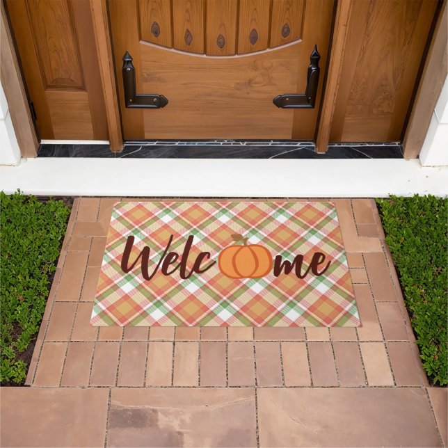 Cute Pumpkin Welcome Fall Orange Green Gingham Doormat (Outdoor)