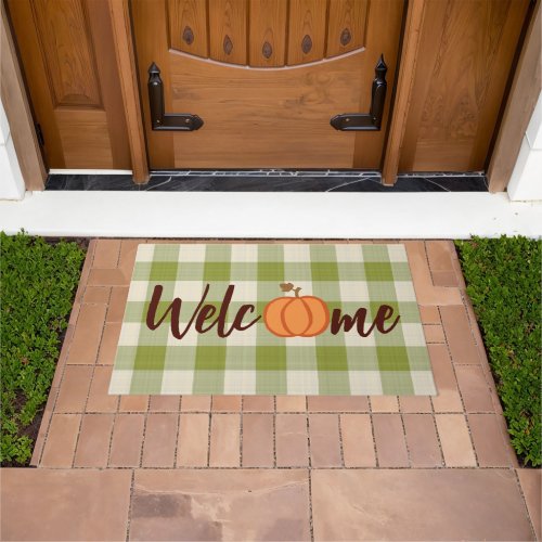 Cute Pumpkin Welcome Wordart On Fall Green Gingham Doormat