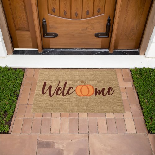 Cute Pumpkin Welcome Wordart On Faux Jute Textile Doormat
