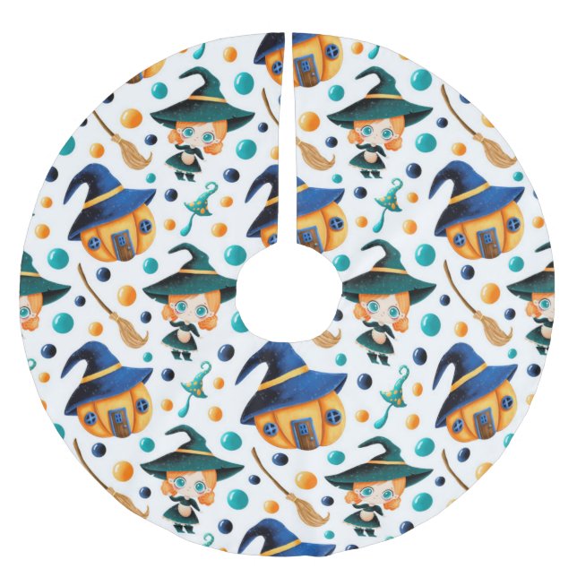Cute Pumpkin Witches House Brushed Polyester Tree Skirt (Front)