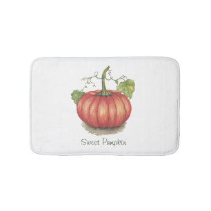 Cute Pumpkin With Vines In Watercolor Bath Mat