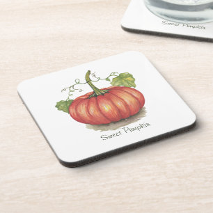 Cute Pumpkin With Vines In Watercolor Beverage Coaster