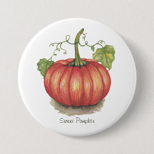 Cute Pumpkin With Vines In Watercolor Button