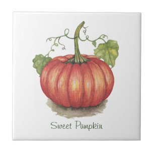 Cute Pumpkin With Vines In Watercolor Ceramic Tile