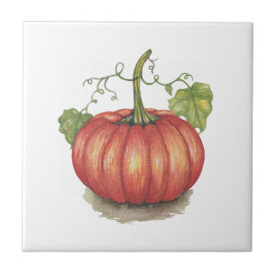 Cute Pumpkin With Vines In Watercolor Ceramic Tile