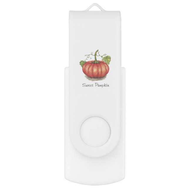 Cute Pumpkin With Vines In Watercolor Flash Drive (Front Vertical)