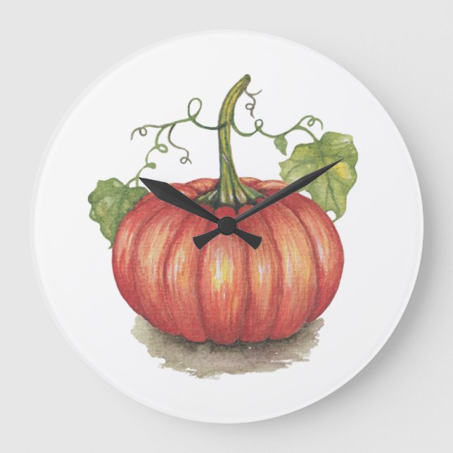 Cute Pumpkin With Vines In Watercolor Large Clock (Front)