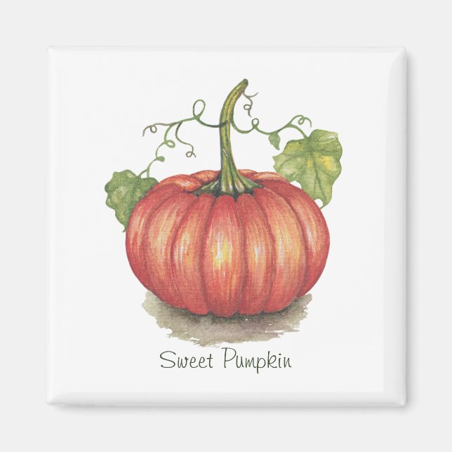 Cute Pumpkin With Vines In Watercolor Magnet (Front)