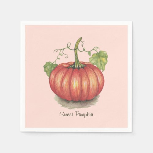 Cute Pumpkin With Vines In Watercolor Napkins