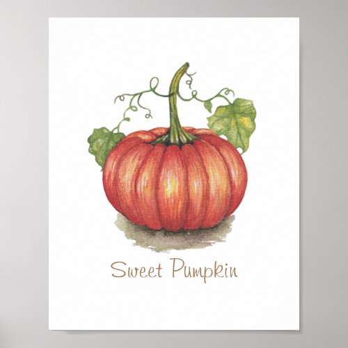 Cute Pumpkin With Vines In Watercolor Poster