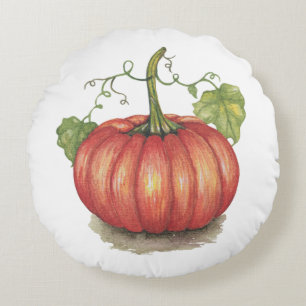 Cute Pumpkin With Vines In Watercolor Round Pillow