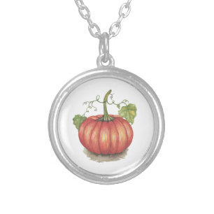 Cute Pumpkin With Vines In Watercolor Silver Plated Necklace