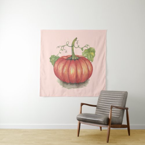 Cute Pumpkin With Vines In Watercolor Tapestry
