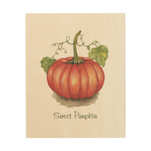 Cute Pumpkin With Vines In Watercolor Wood Wall Art