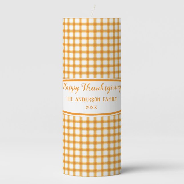 Cute Pumpkin Yellow Orange Plaid Thanksgiving Gift Pillar Candle (Front)