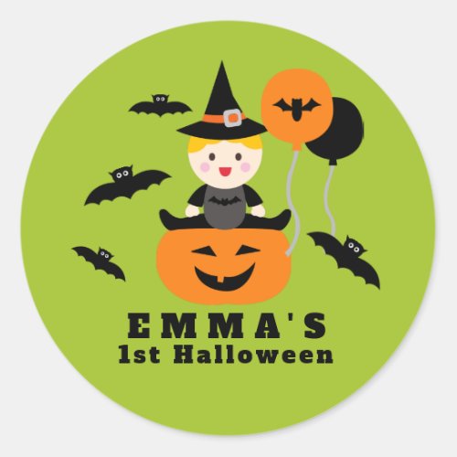 Cute Pumpkins and Bats Babys First Halloween Classic Round Sticker