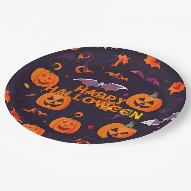 Cute Pumpkins And Bats Paper Plates (Angled)