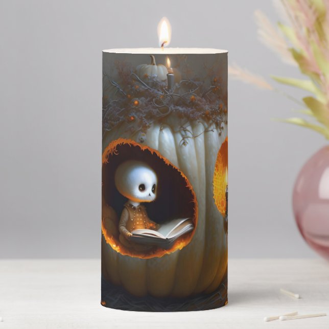 Cute Pumpkins and Ghost Halloween Pillar Candle (In Situ)